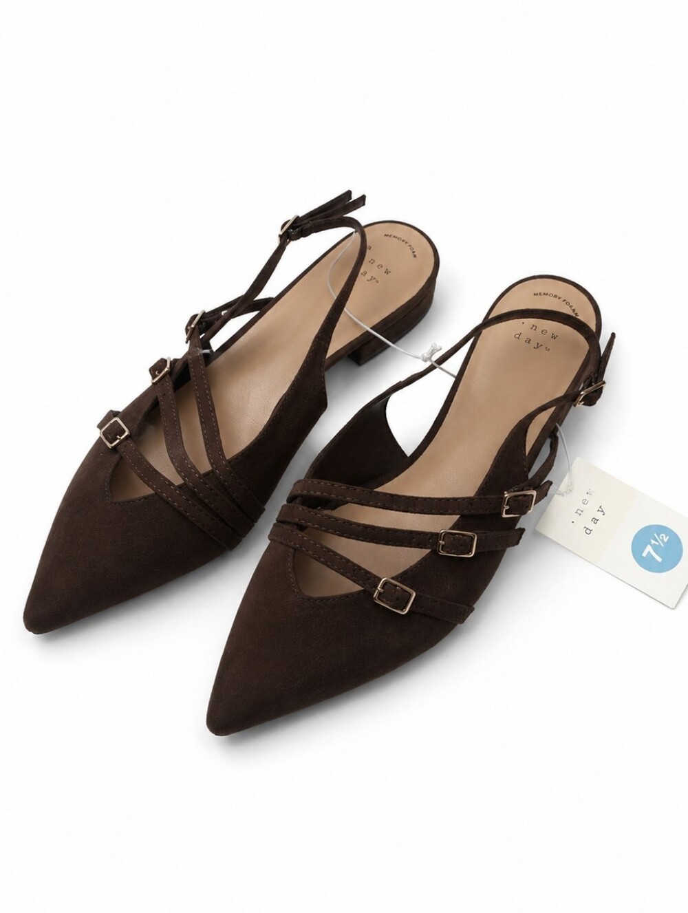 A New Day Twiggy Brown Multi Buckle Pointed Toe Flats Size 7.5 NWT